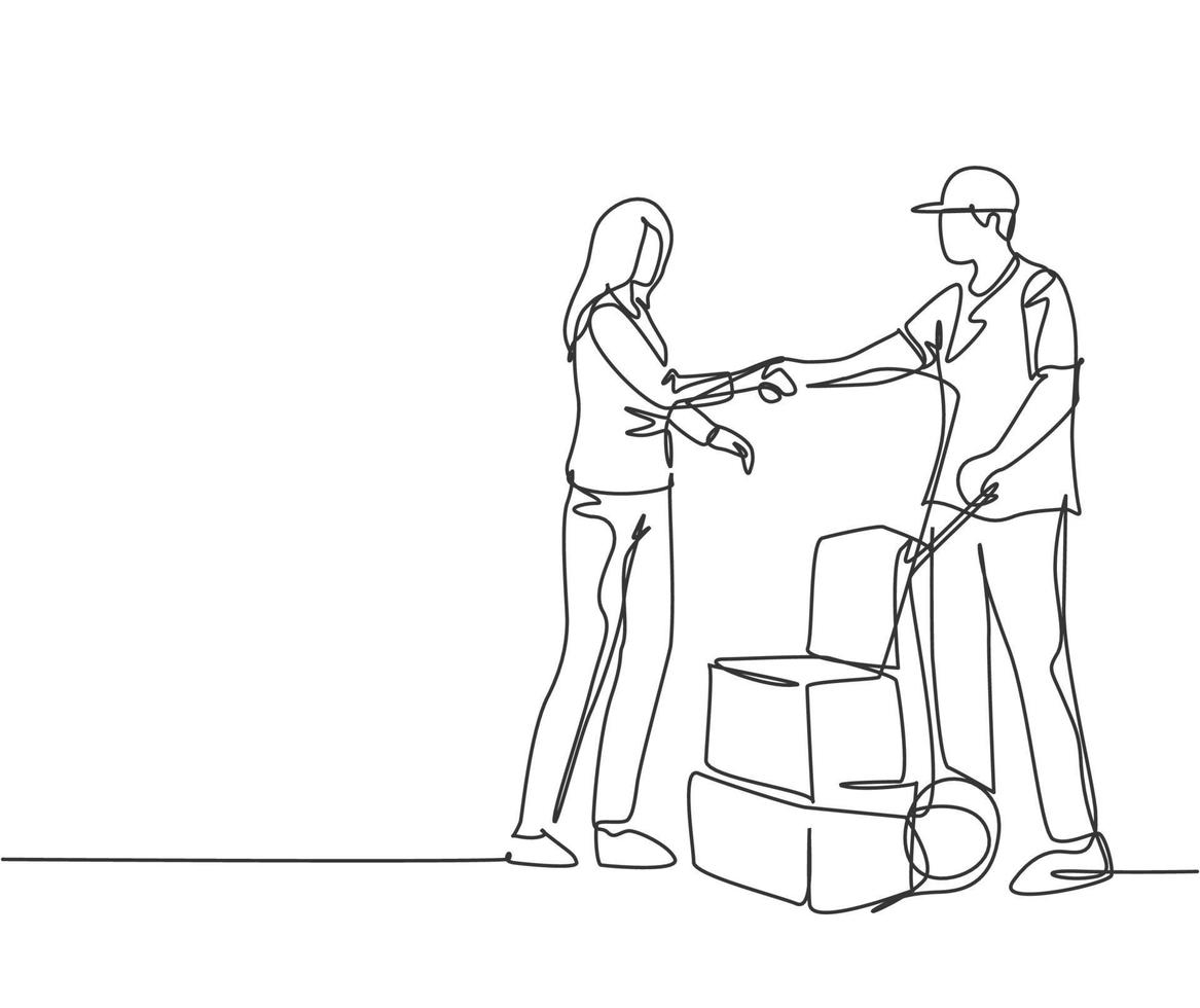 Continuous line drawing of courier delivery man handshaking the customer and hand over a package box. Delivery service excellent concept. One line drawing vector illustration