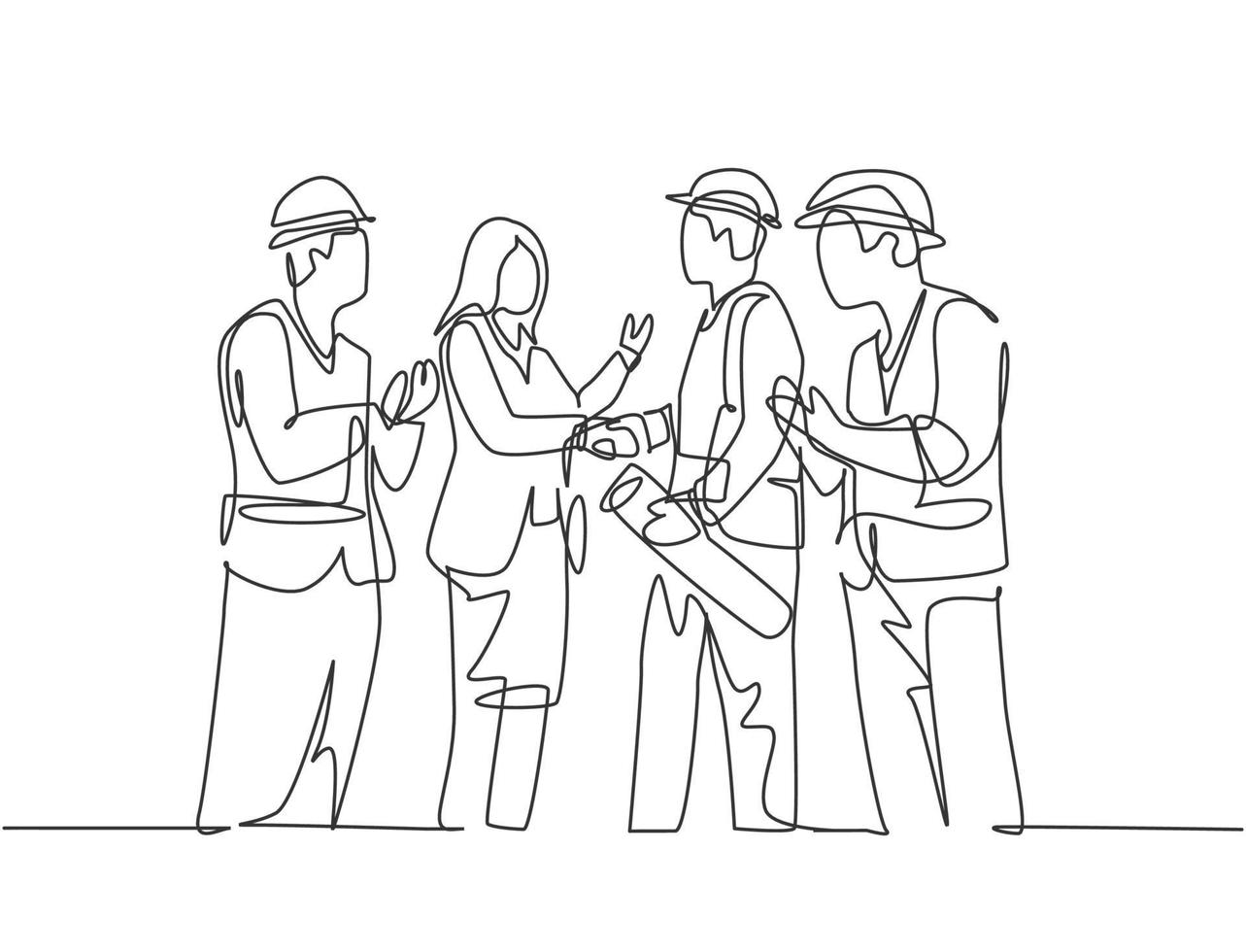 One line drawing of young business woman and architect builder wearing construction vest helmet handshake to deal project. Great teamwork concept. Continuous line drawing, vector graphic illustration