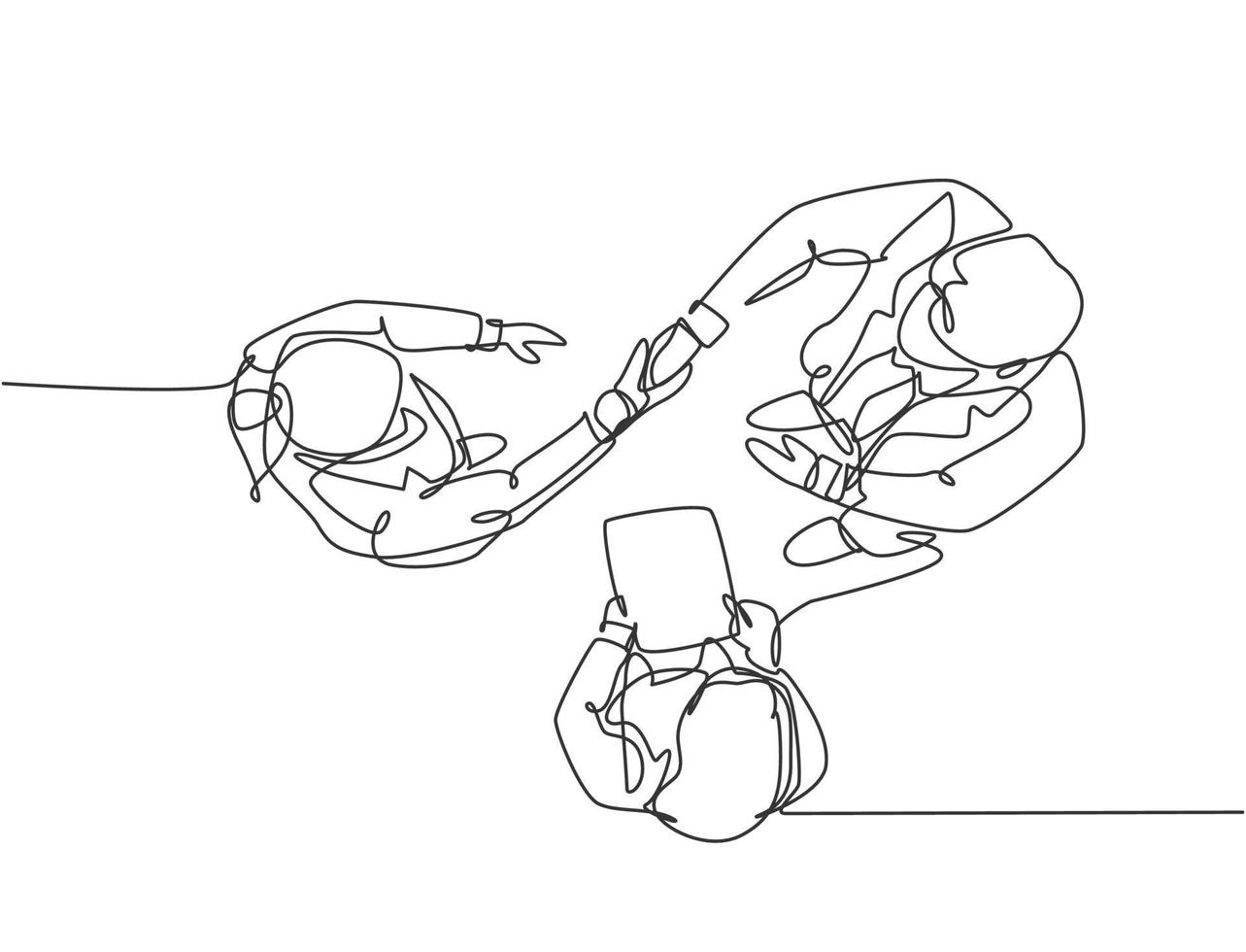 Continuous line drawing of manager handshake his employee to congratulate their promotion. Business teamwork concept. Single line drawing design, graphic vector illustration