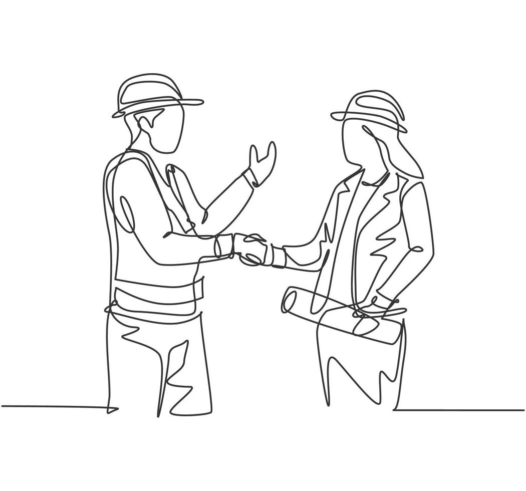 One line drawing of young architect woman and builder foreman wearing construction vest and helmet shaking their hands together. Great teamwork concept. Continuous line drawing, vector illustration