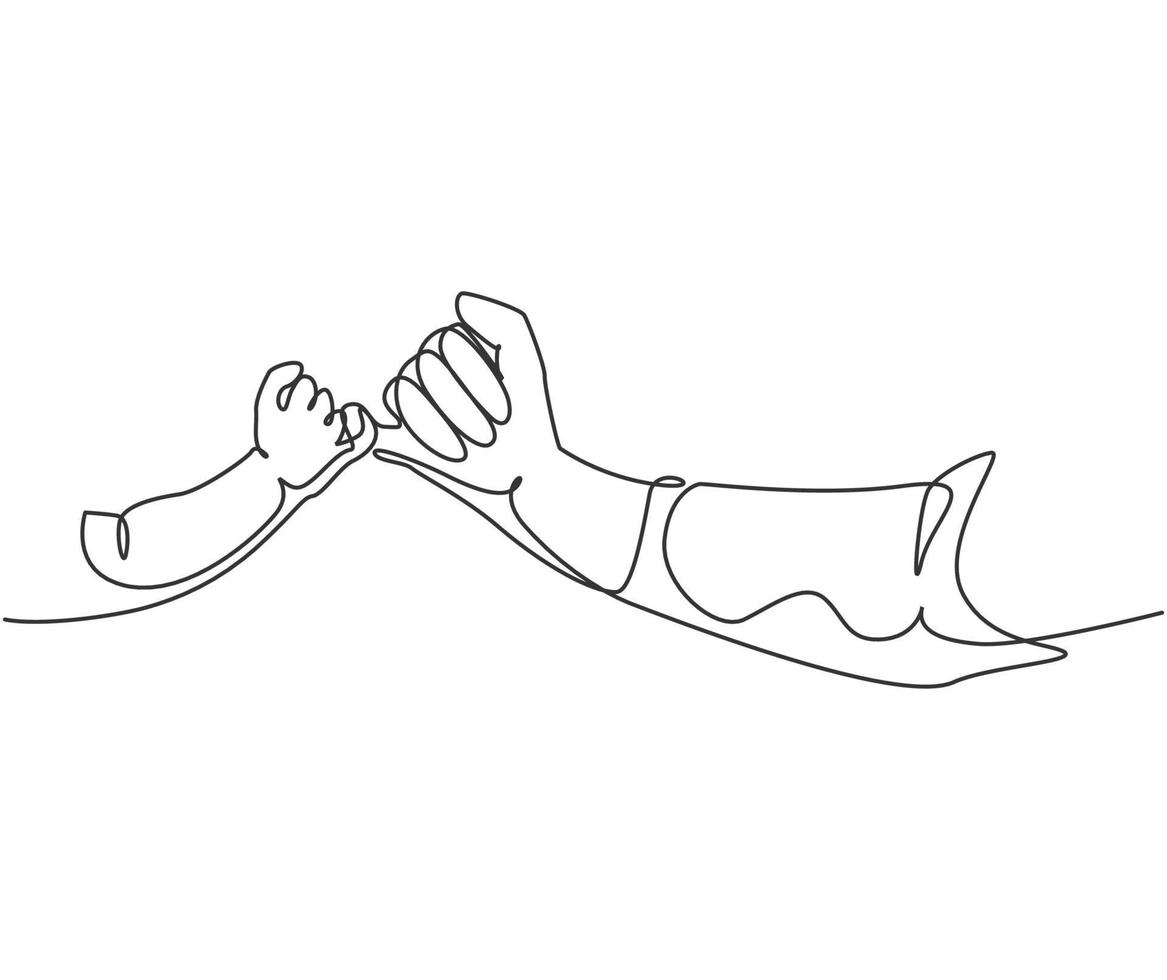 dibujo de una línea del padre dándole la mano a su hijo. cuidado de la madre en estilo de diseño de dibujo de línea continua. Ilustración de vector de concepto parental