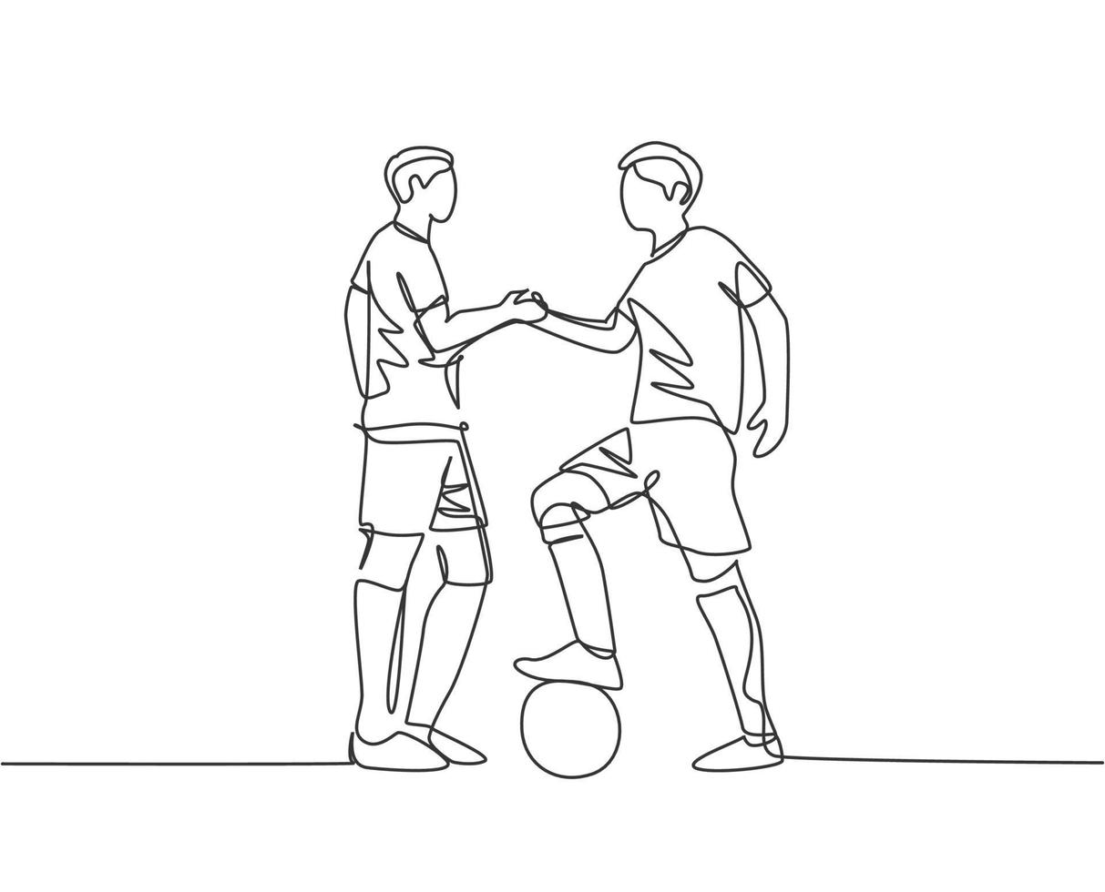 Continuous line drawing of two football player and handshaking to show sportsmanship before starting the match. Respect in soccer sport concept. One line drawing vector illustration