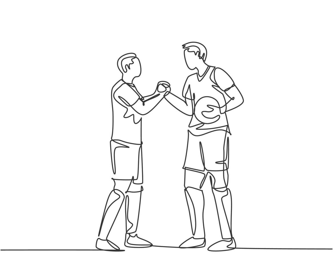 Continuous line drawing of two football player bring a ball and handshaking to show sportsmanship before starting the match. Respect in soccer sport concept. One line drawing vector illustration