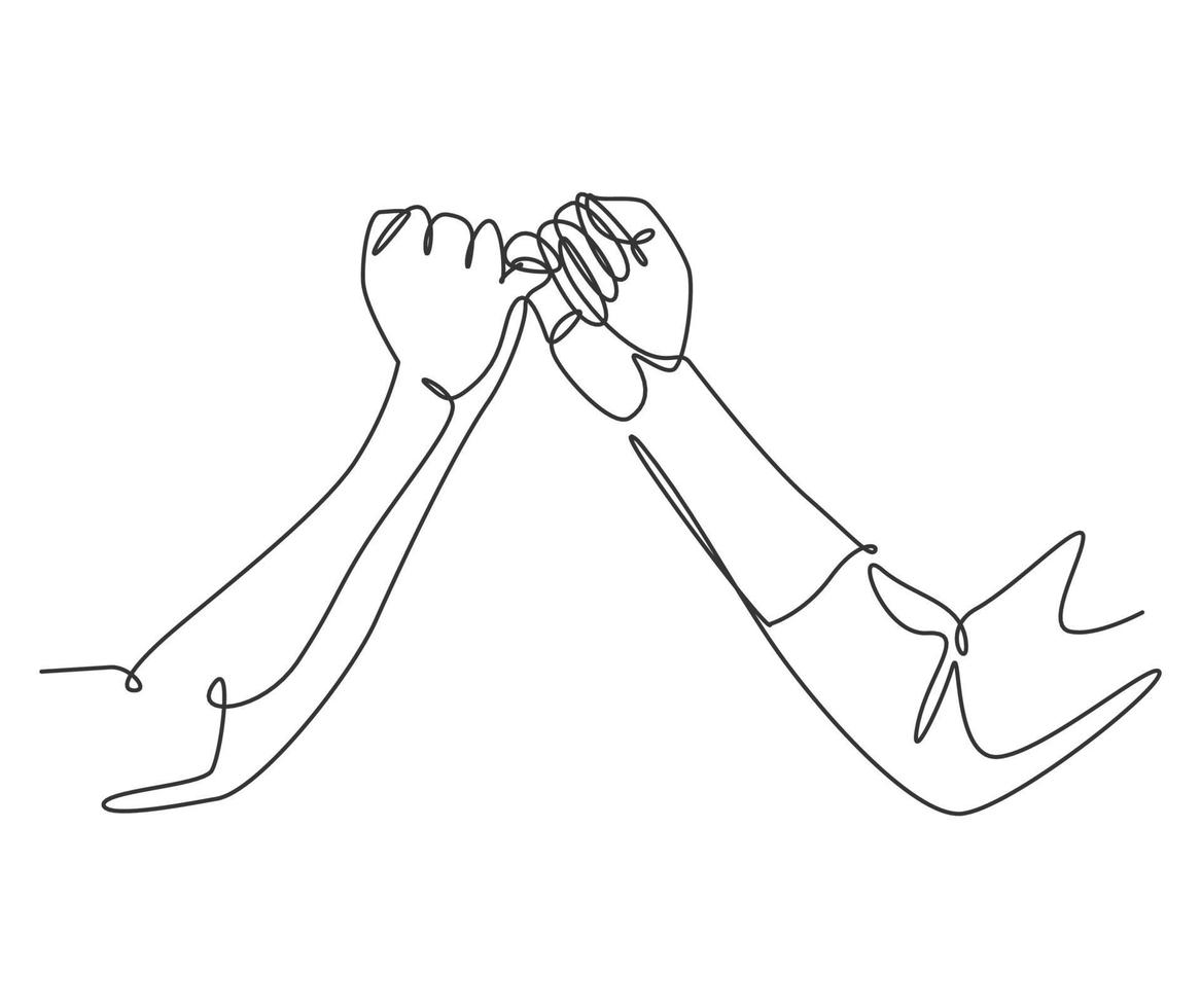 One line drawing of two hands hook each other their little fingers. Friendship bond in continuous line drawing design style. Promise concept vector graphic illustration