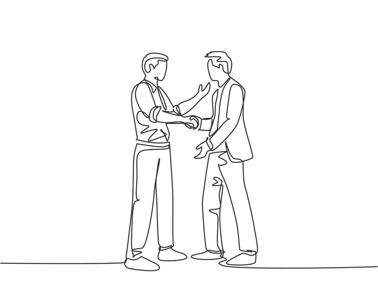 Single line drawing of businessmen handshaking his business partner after their project goal. Great teamwork. Business deal concept with continuous line draw style vector graphic illustration