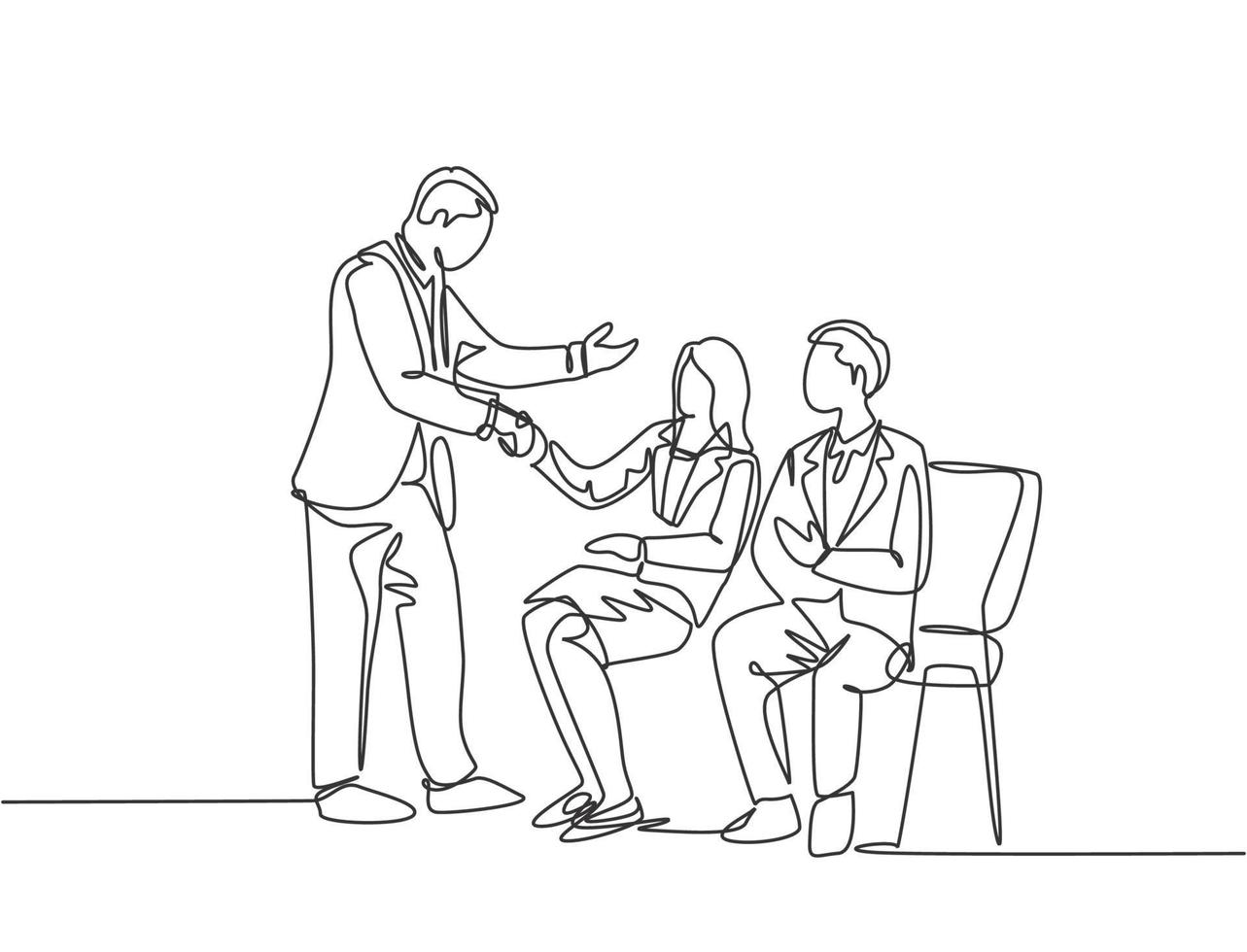 One line drawing of company manager meet and handshaking employee candidates while sitting on chair to take job interview. Modern continuous line draw design vector graphic illustration