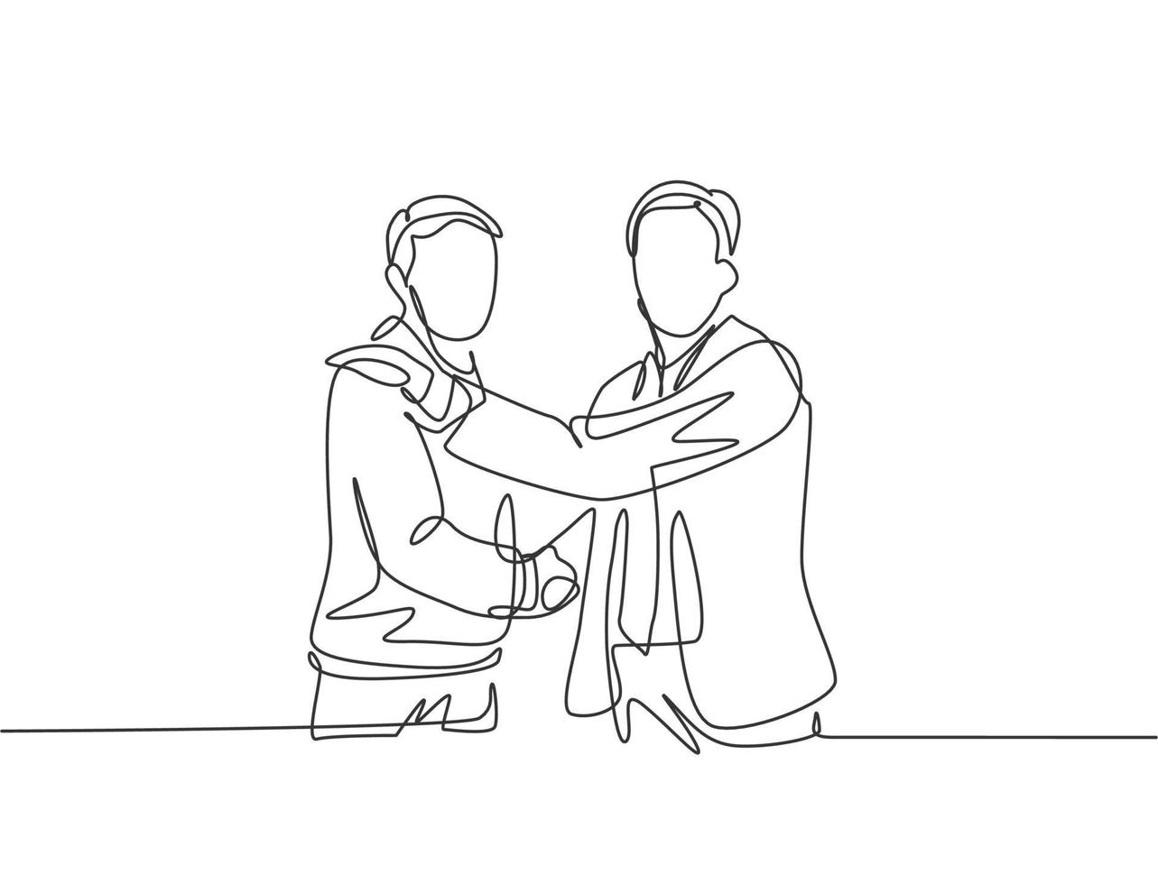 Single line drawing of businessmen handshaking his business partner after getting big project. Great teamwork. Business deal concept with continuous line draw style vector graphic illustration