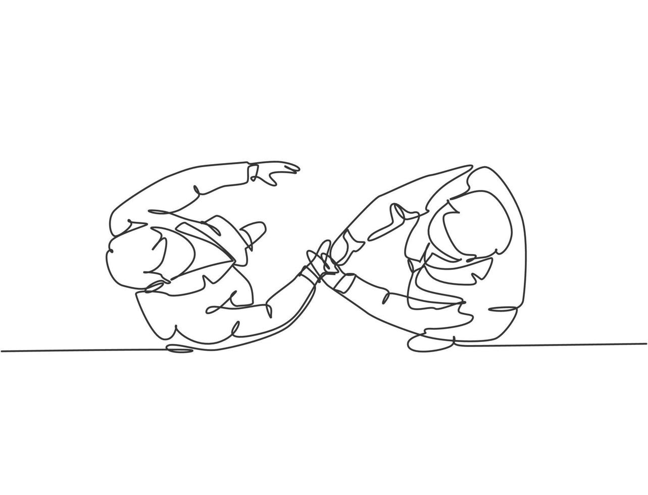 Top view single line drawing of businessmen handshaking his business partner. Great teamwork. Business deal concept with continuous line draw style graphic vector illustration