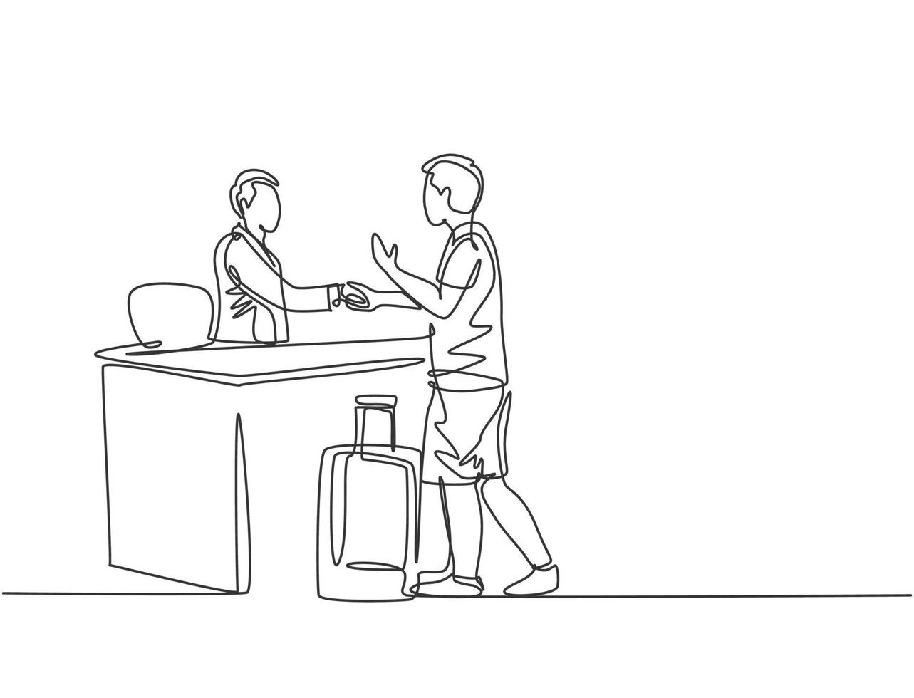 One line drawing of young male tourist handshaking hotel receptionist and ask to book a room while holding a luggage. Travelling concept. Modern continuous line drawing graphic vector illustration