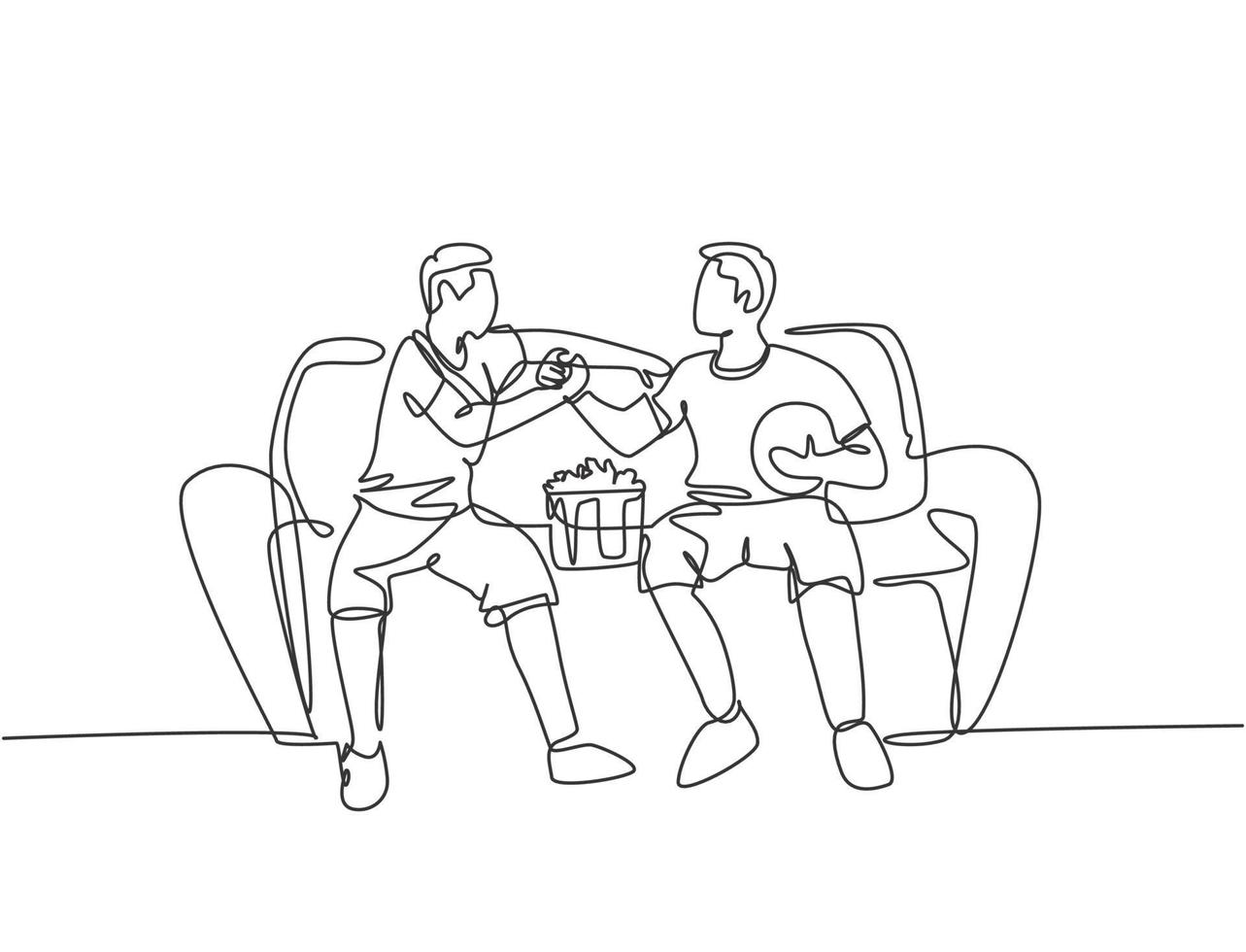 Continuous line drawing of two young men soccer fans club handshaking and sitting on a couch to watch football match. Dynamic single line drawing vector graphic illustration