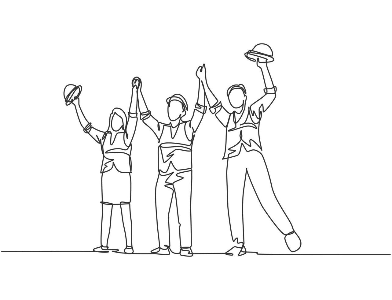 One line drawing of young architect woman and builder wearing construction vest fist their hands up the air to celebrate a project deal. Great teamwork concept. Continuous line drawing illustration vector