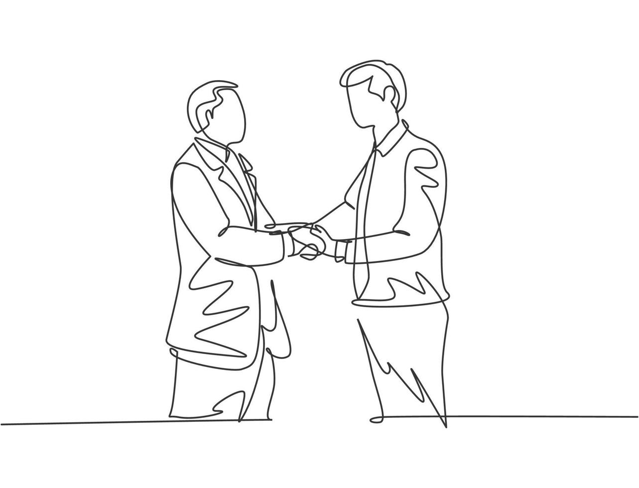 Single line drawing of businessmen handshaking his business partner. Great teamwork. Business deal concept with continuous line draw style vector graphic illustration