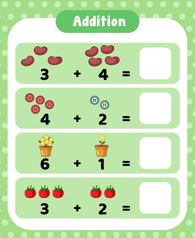 plantilla de hoja de cálculo de matemáticas de adición preescolar vector