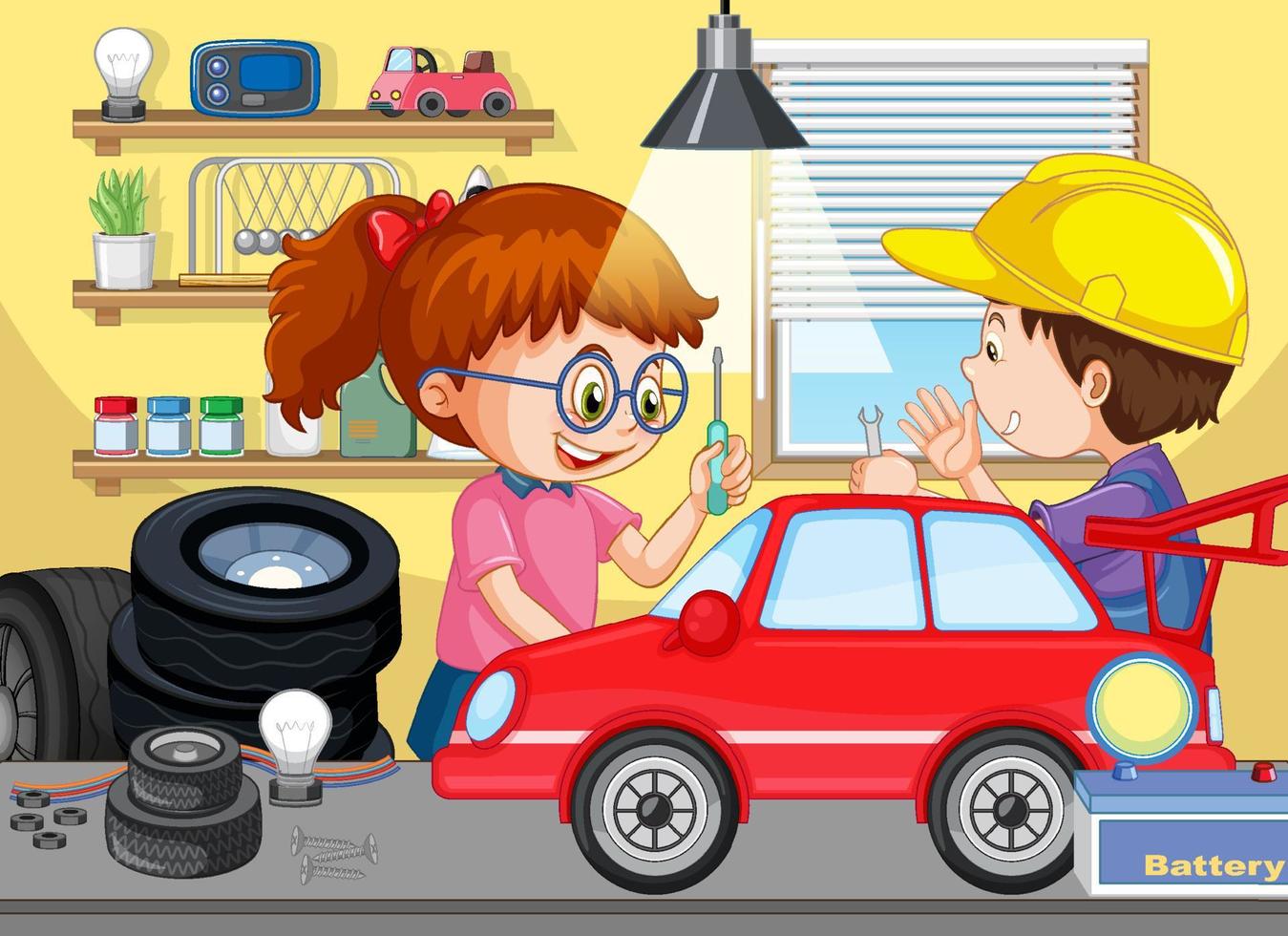 Scene with children repairing toy car together vector