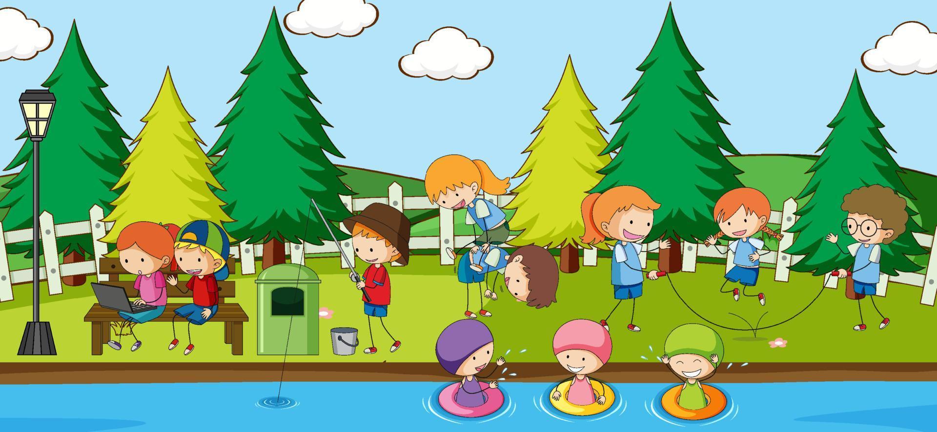 escena del patio de recreo con muchos niños doodle personaje de dibujos animados vector