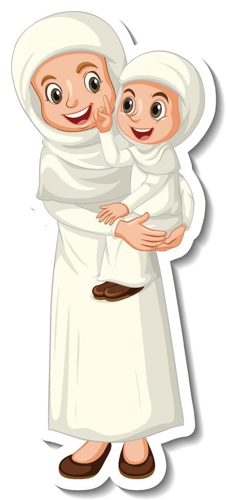 A sticker template with muslim people mother and daughter vector