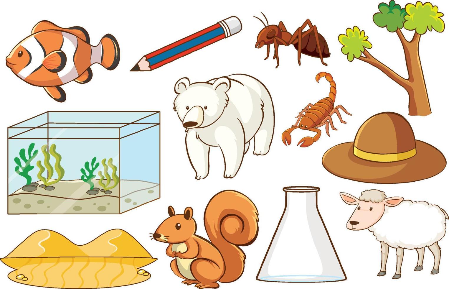conjunto de varios animales y objetos. vector