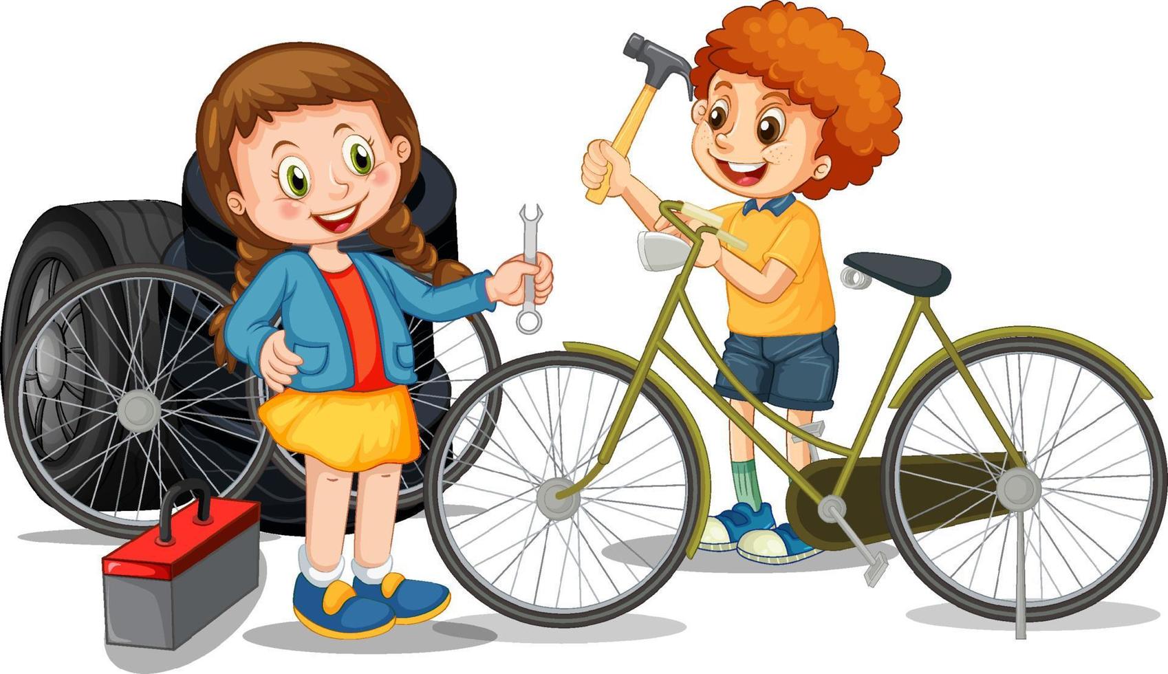 Los niños reparando bicicletas juntos sobre fondo blanco. vector