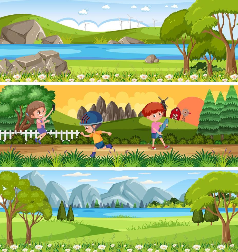 Different panoramic nature landscape set with cartoon character vector