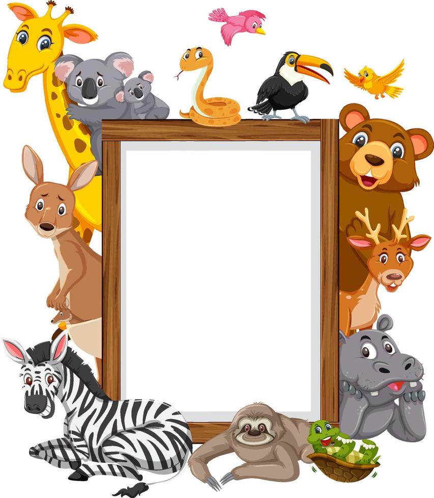 Empty wooden frame with various wild animals vector