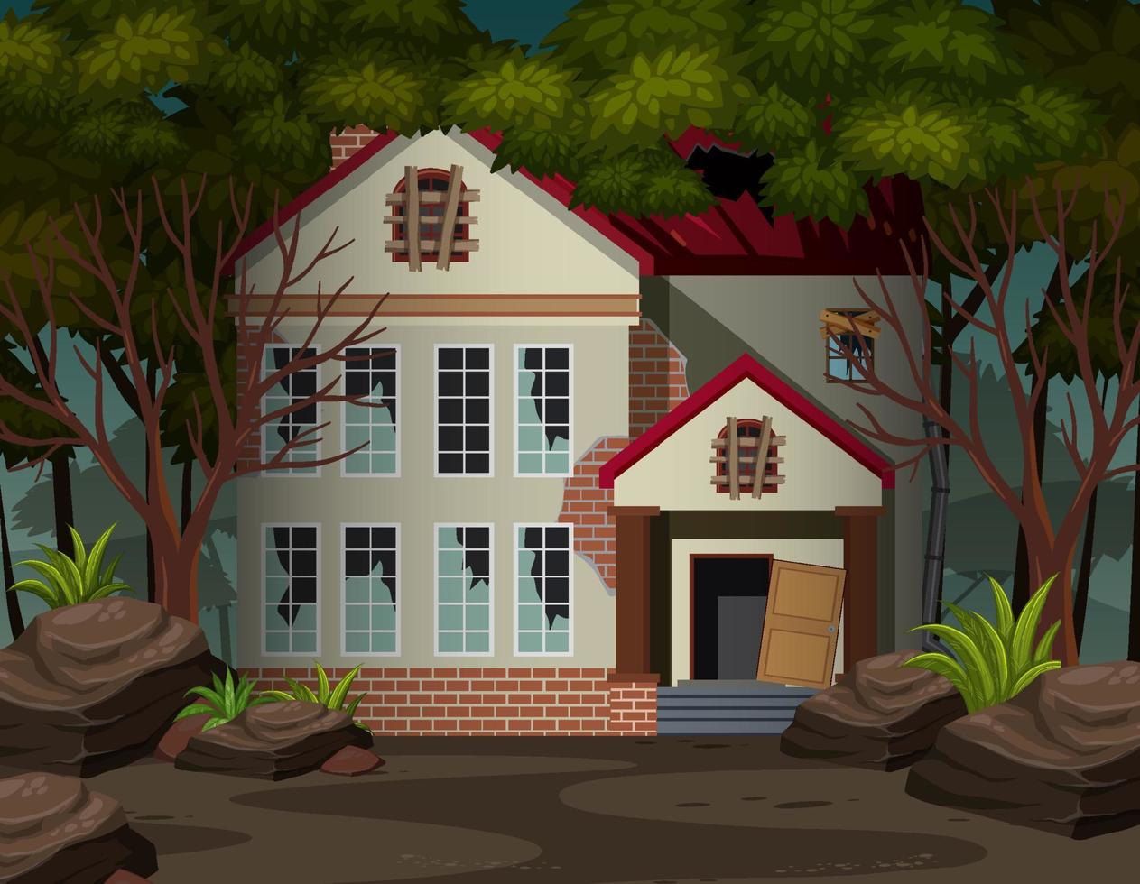 Scene with abandoned house in the dark forest vector