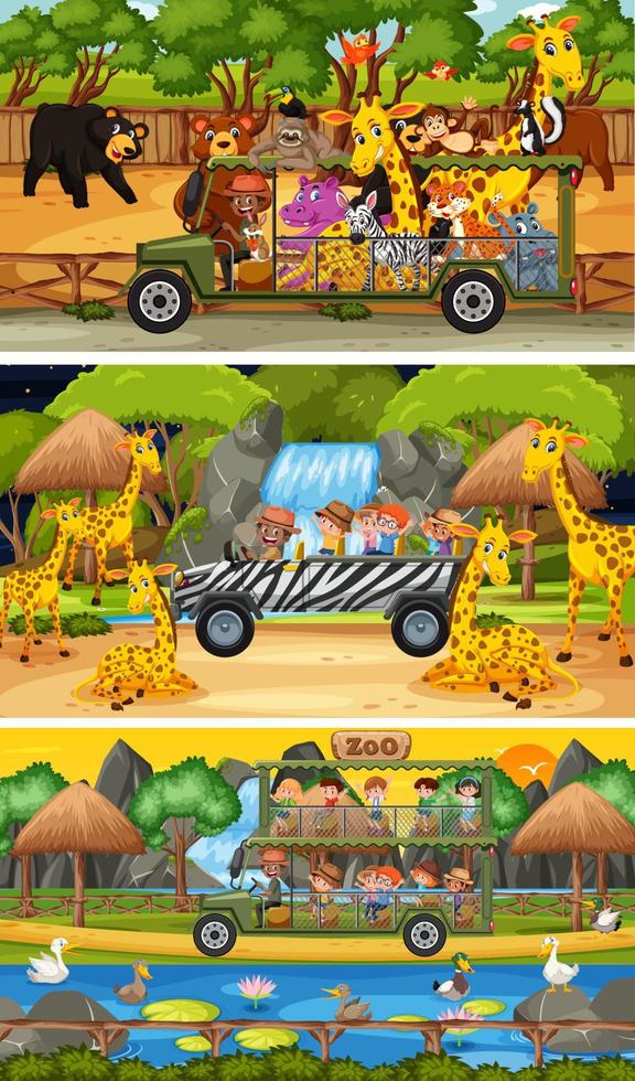Set of different safari horizontal scenes with animals and kids cartoon character vector