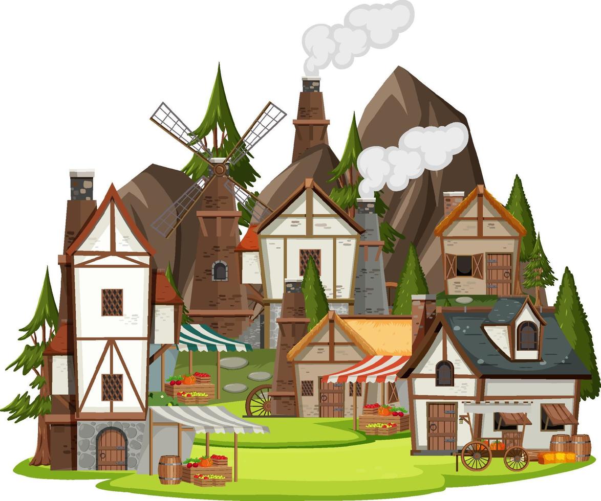 Medieval village scene on white background vector