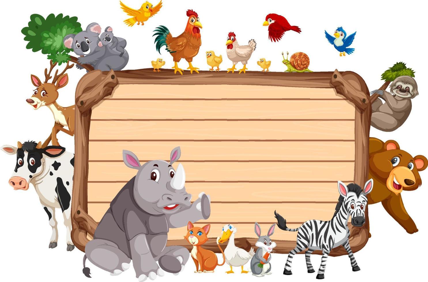 Empty wooden board with various wild animals vector