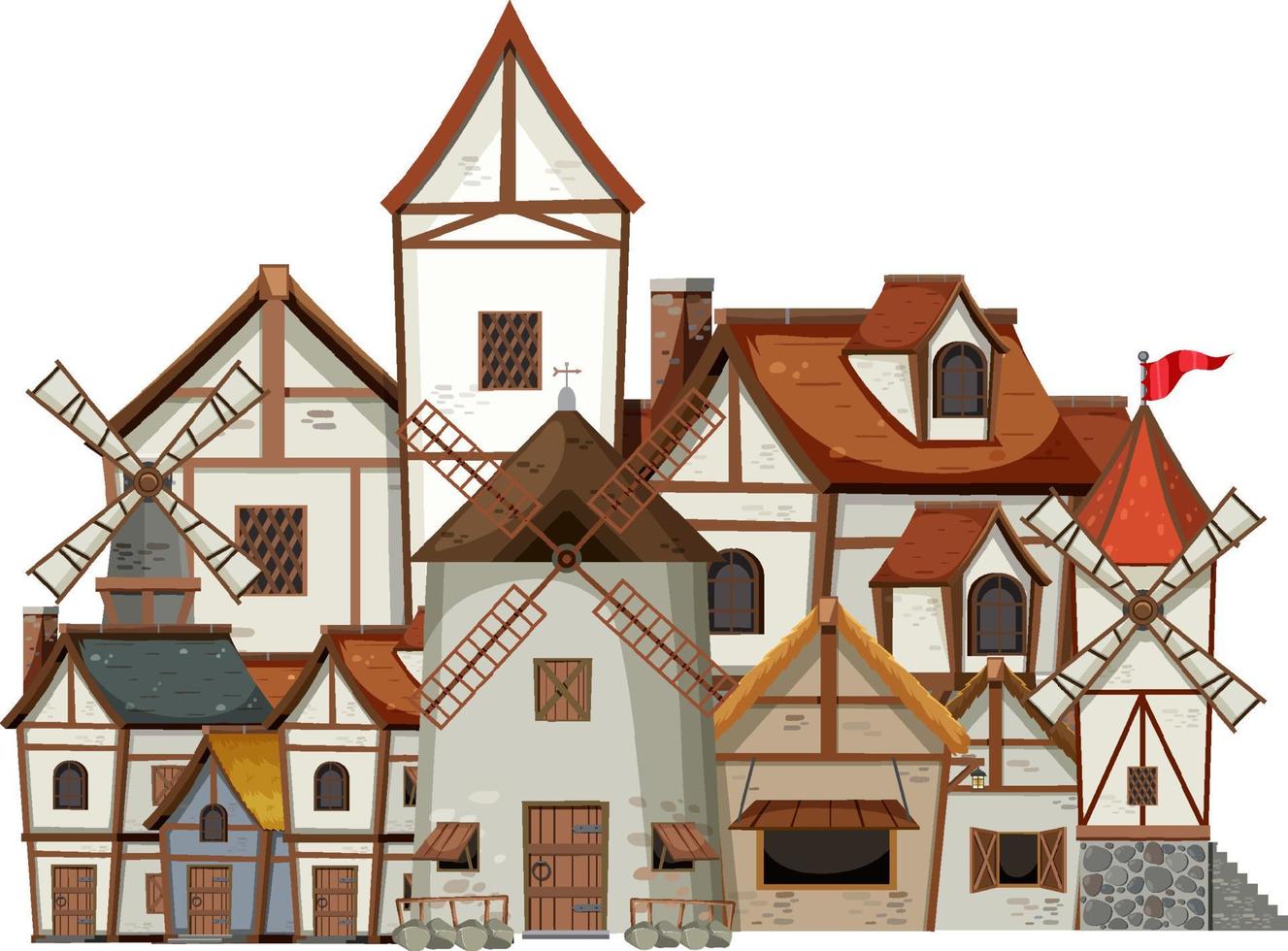Medieval village scene on white background vector