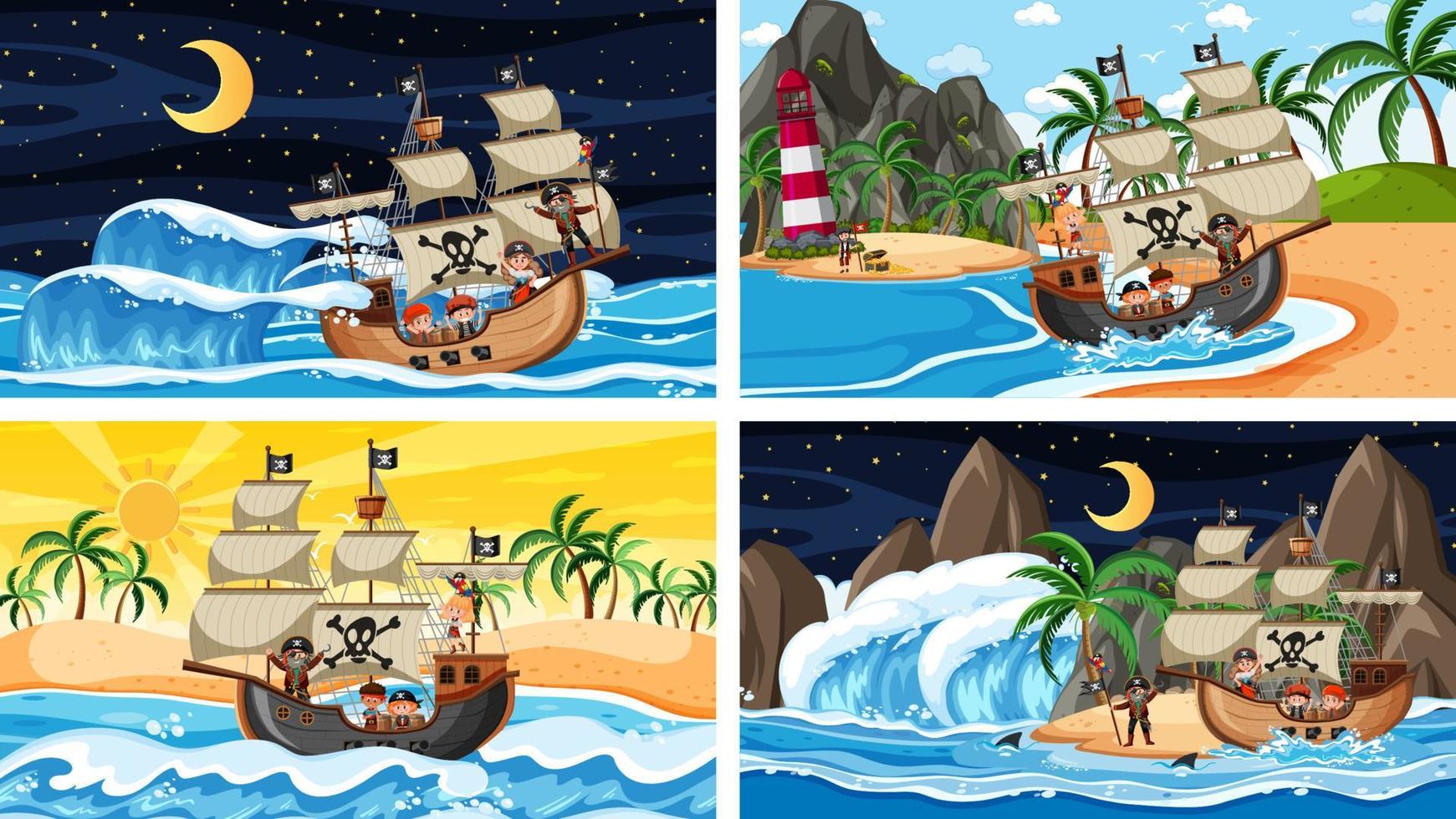 Set of different beach scenes with pirate ship and pirate cartoon character vector