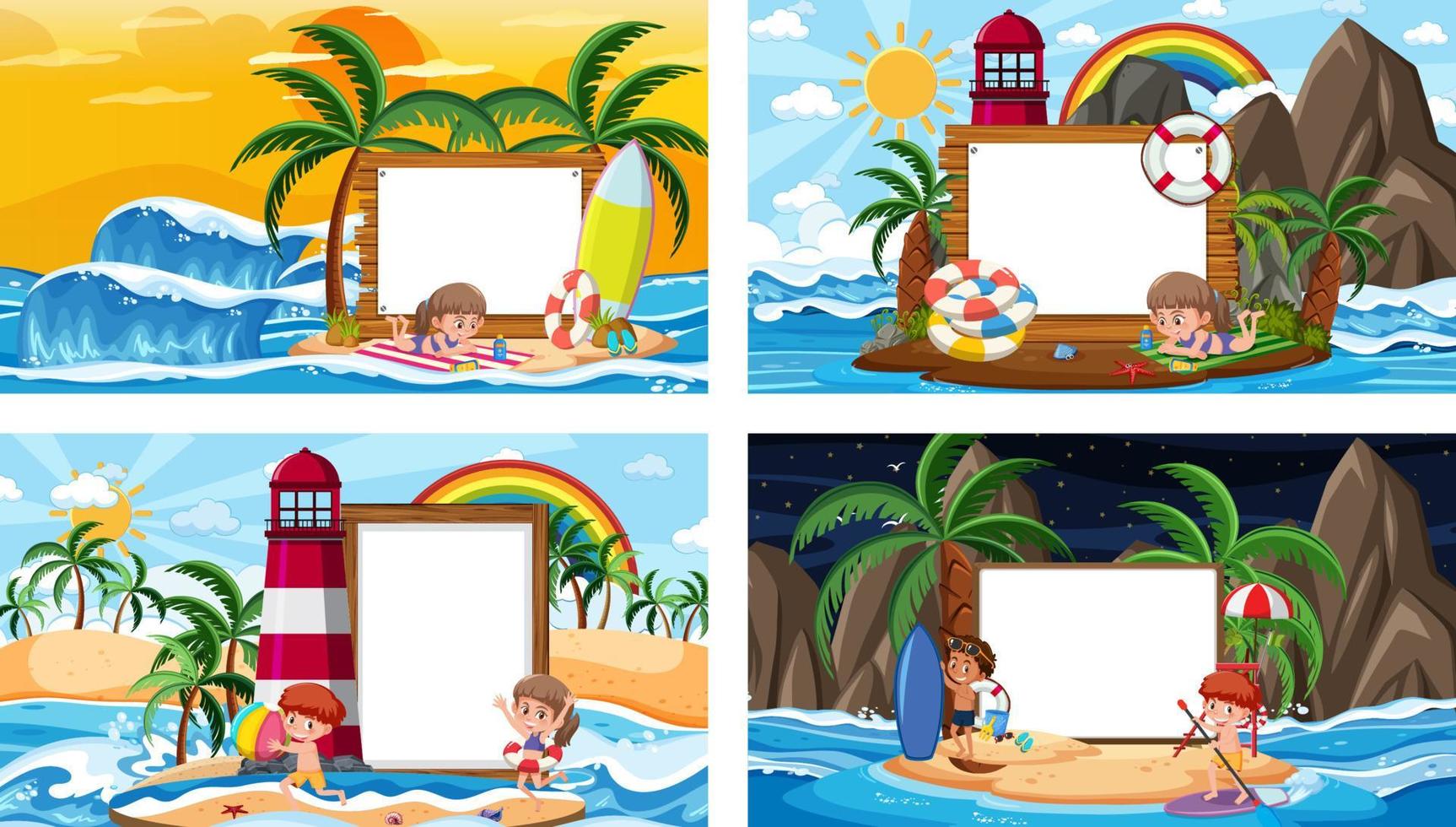 conjunto de diferentes escenas de playa tropical con banner en blanco vector