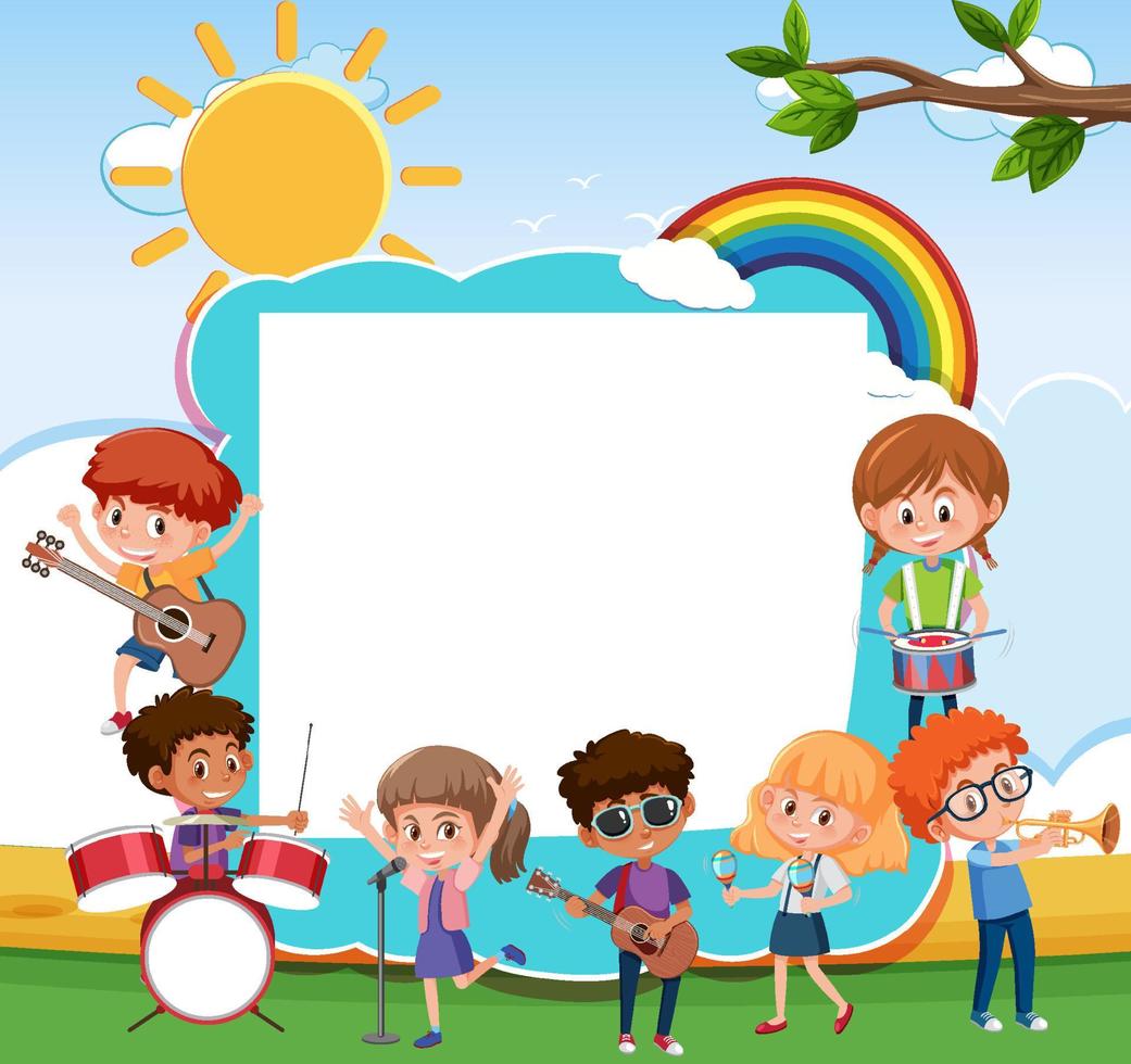 tablero vacío con niños tocando diferentes instrumentos musicales. vector