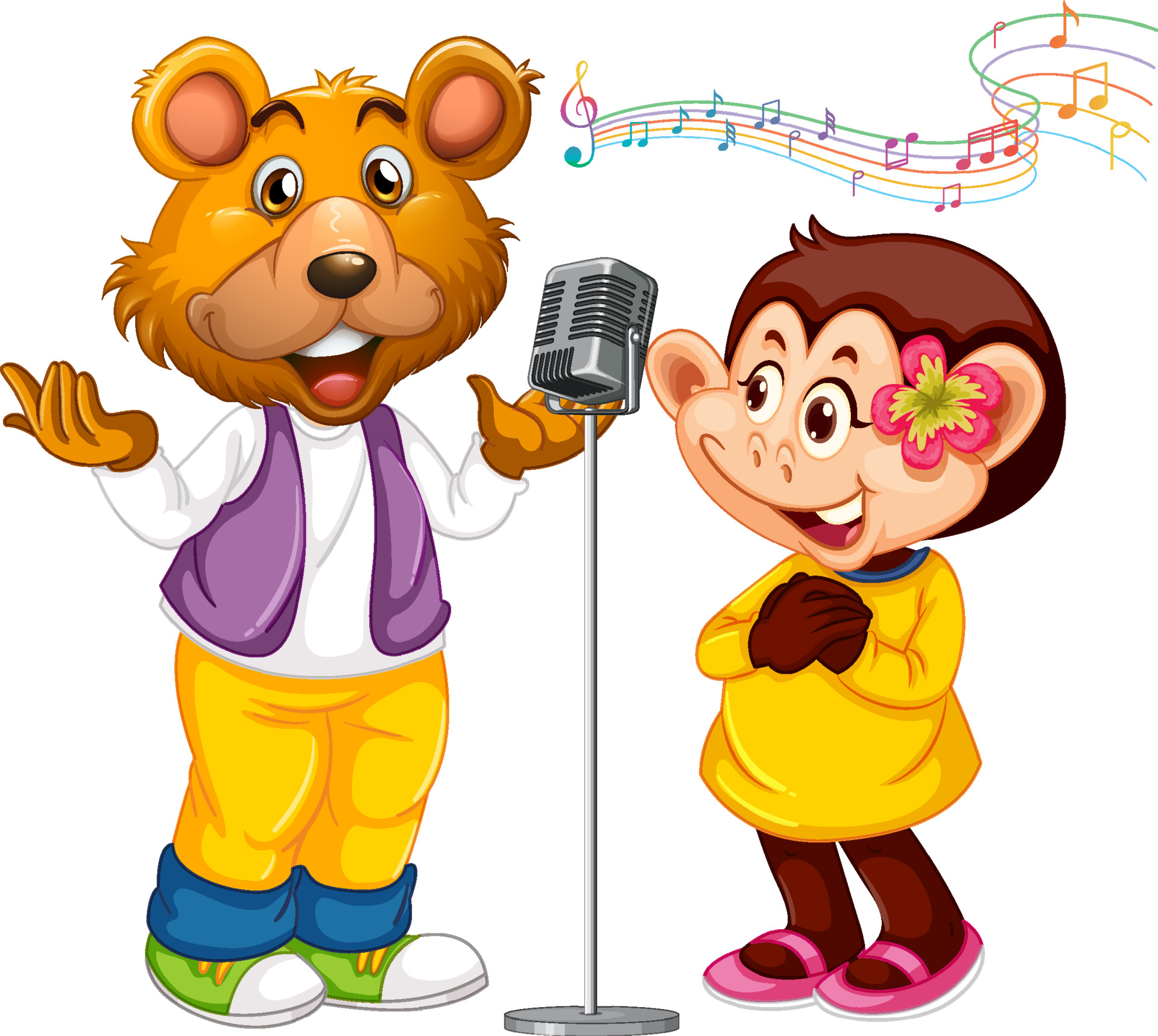 oso y mono cantando con micrófono 3591830 Vector en Vecteezy
