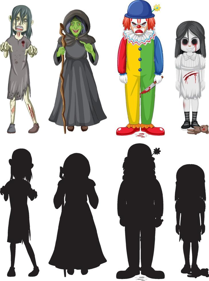 Set of halloween ghost characters with silhouettes vector