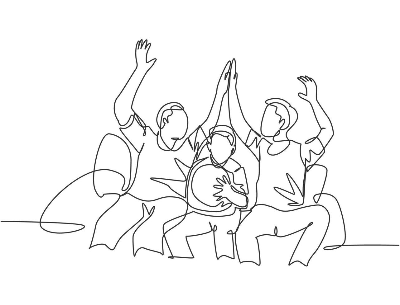 One line drawing of fans siting on sofa and watching their favorite club playing the match on television and giving high five gesture. Fans club concept continuous line draw design vector illustration