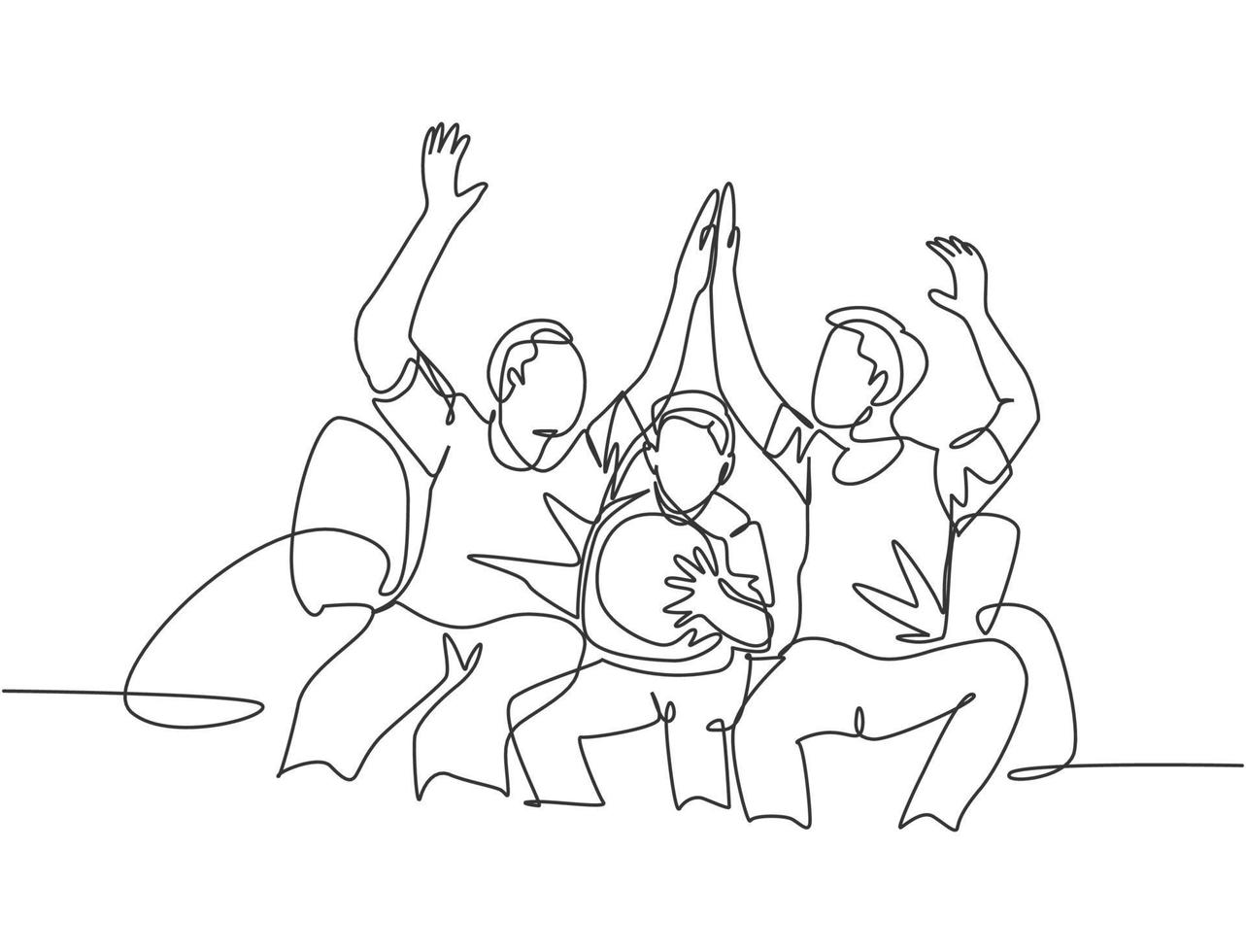 One line drawing of fans siting on sofa and watching their favorite club playing the match on television and giving high five gesture. Fans club concept continuous line draw design vector illustration