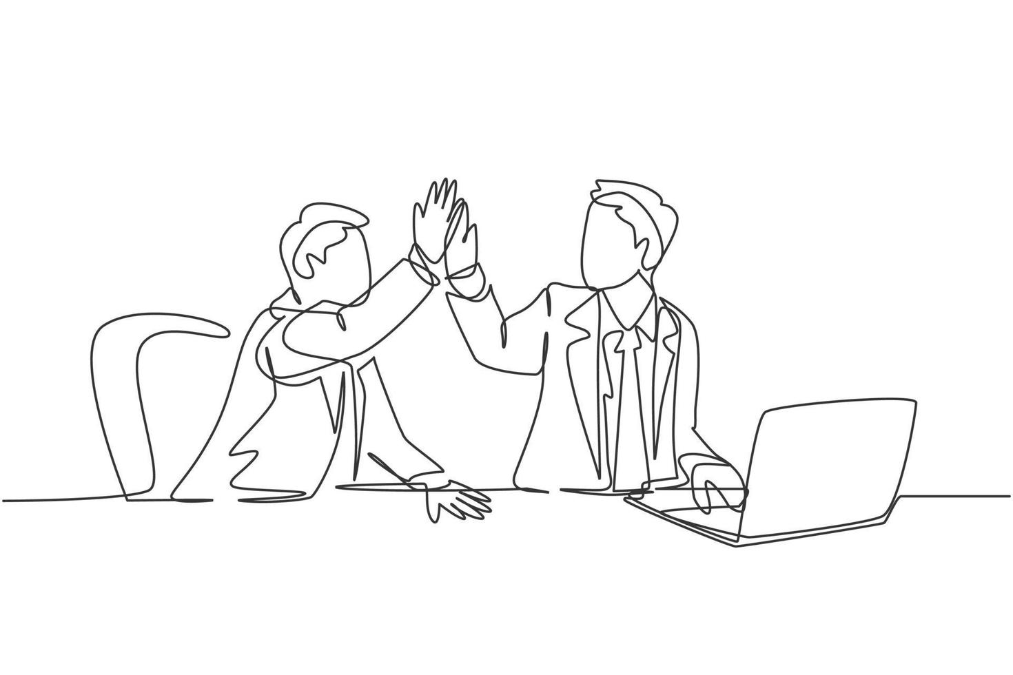 One line drawing of businessmen celebrating their successive target at the business meeting with high five gesture. Business deal concept continuous line draw design graphic vector illustration