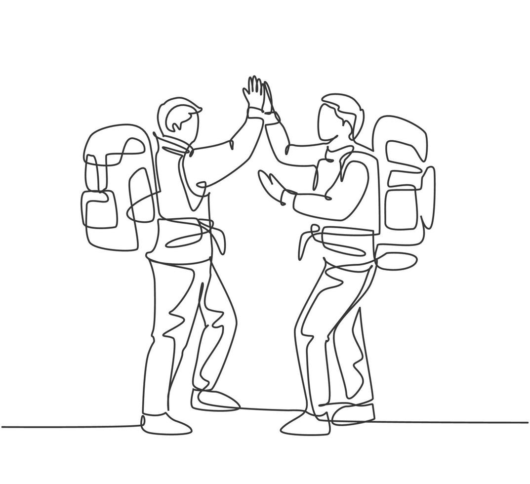 un dibujo de línea de dos jóvenes turistas felices que llevan una mochila para ir de vacaciones y da un gesto de chocar los cinco. mochilero, viajar, concepto, continuo, línea, gráfico, dibujar, diseño, vector, ilustración vector