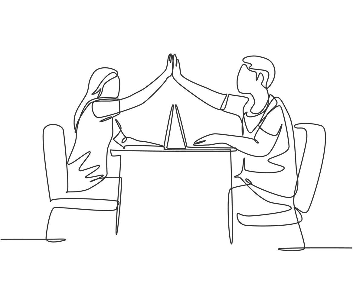 One line drawing of two young happy couple man and woman work at cafe and giving high five gesture to celebrate successful. Business deal concept continuous line draw design vector illustration