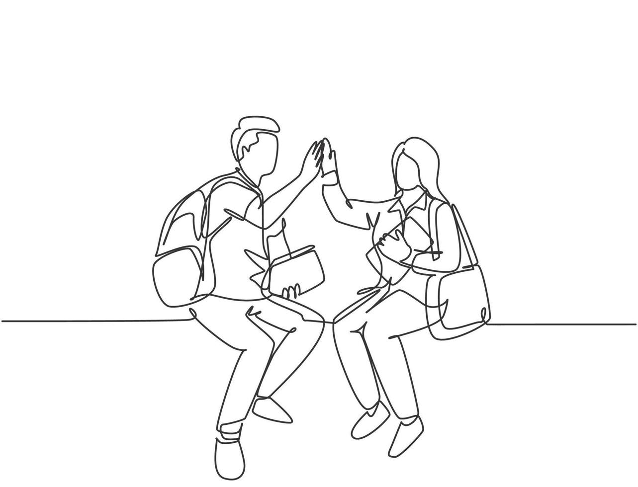 One line drawing of young happy couple man and woman student sitting at chair after the class and giving high five gesture. Relationship concept continuous line draw design vector graphic illustration