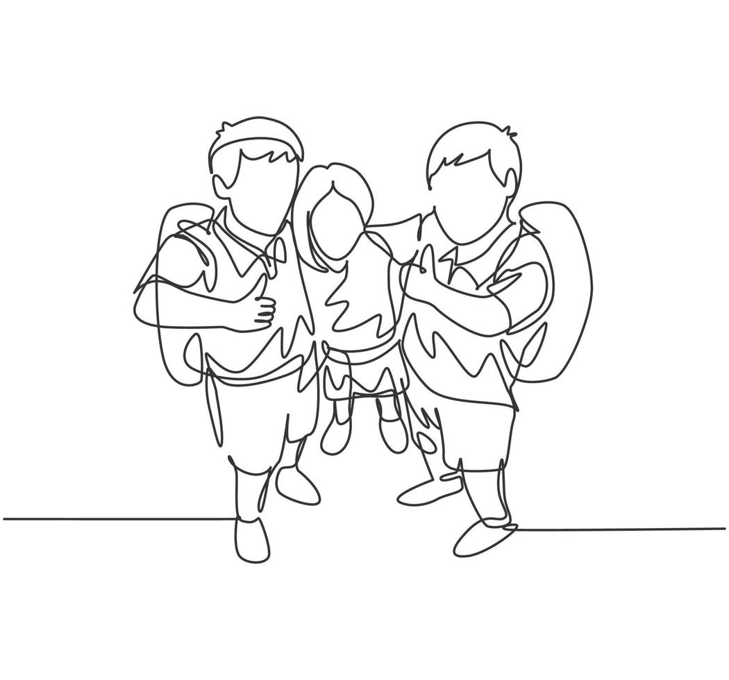 One line drawing group of happy male and female elementary school student carrying school bag and giving thumb up gesture. Education concept continuous line draw design vector illustration graphic