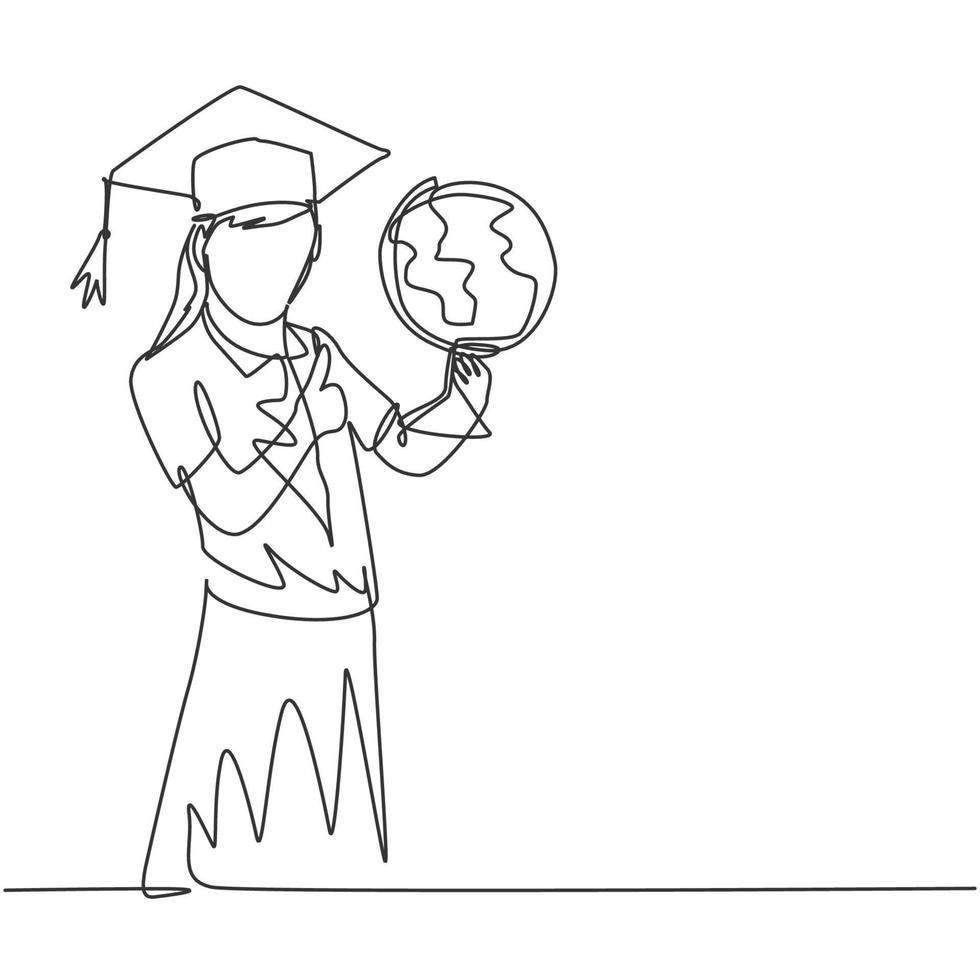 One line drawing of young happy female student carrying a globe and wearing graduation hat and giving thumbs up gesture. Education concept continuous line graphic draw design vector illustration