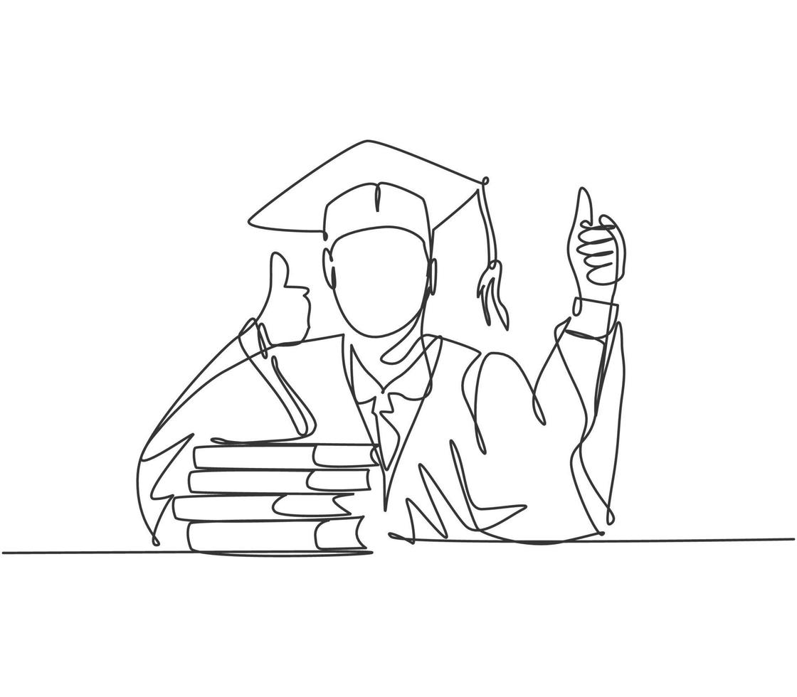 One line drawing of young happy graduate male college student wearing graduation uniform and giving thumbs up gesture in front of books stack. Education concept continuous line draw design vector