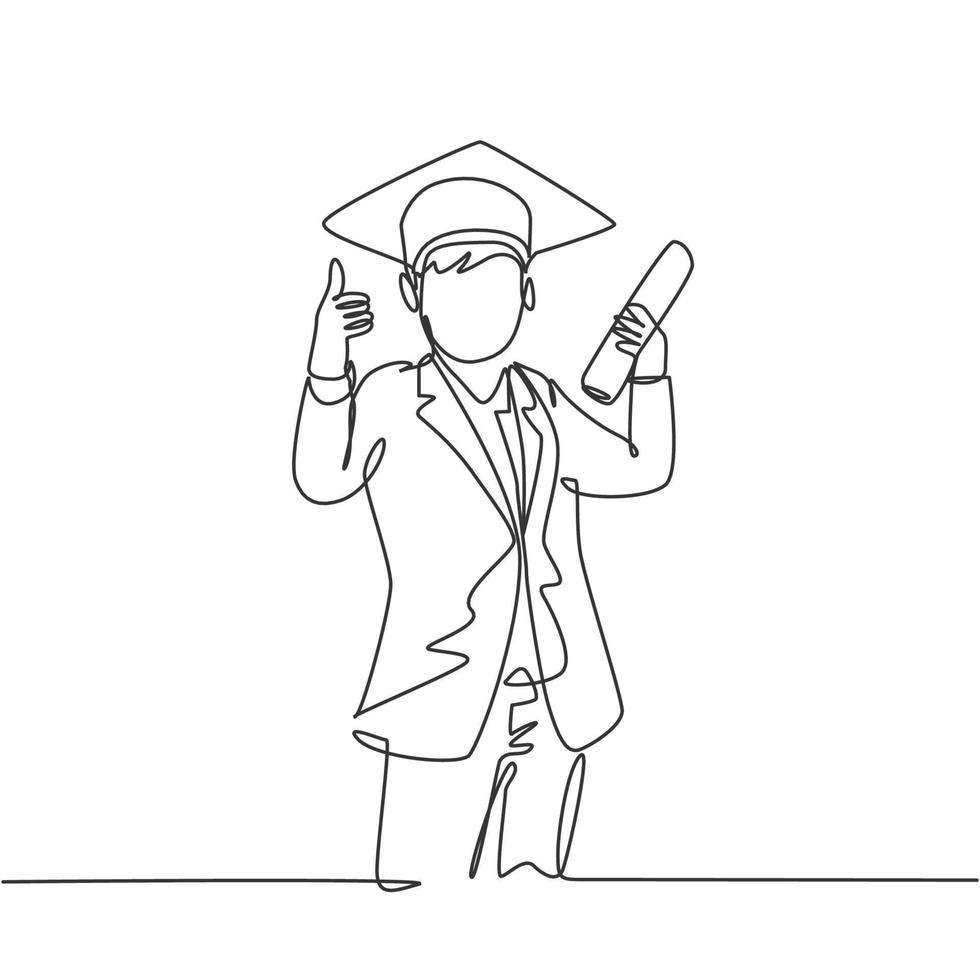 One line drawing of young happy boy student wearing graduation hat and giving thumbs up gesture while holding graduation paper roll. Education concept continuous line draw design vector illustration