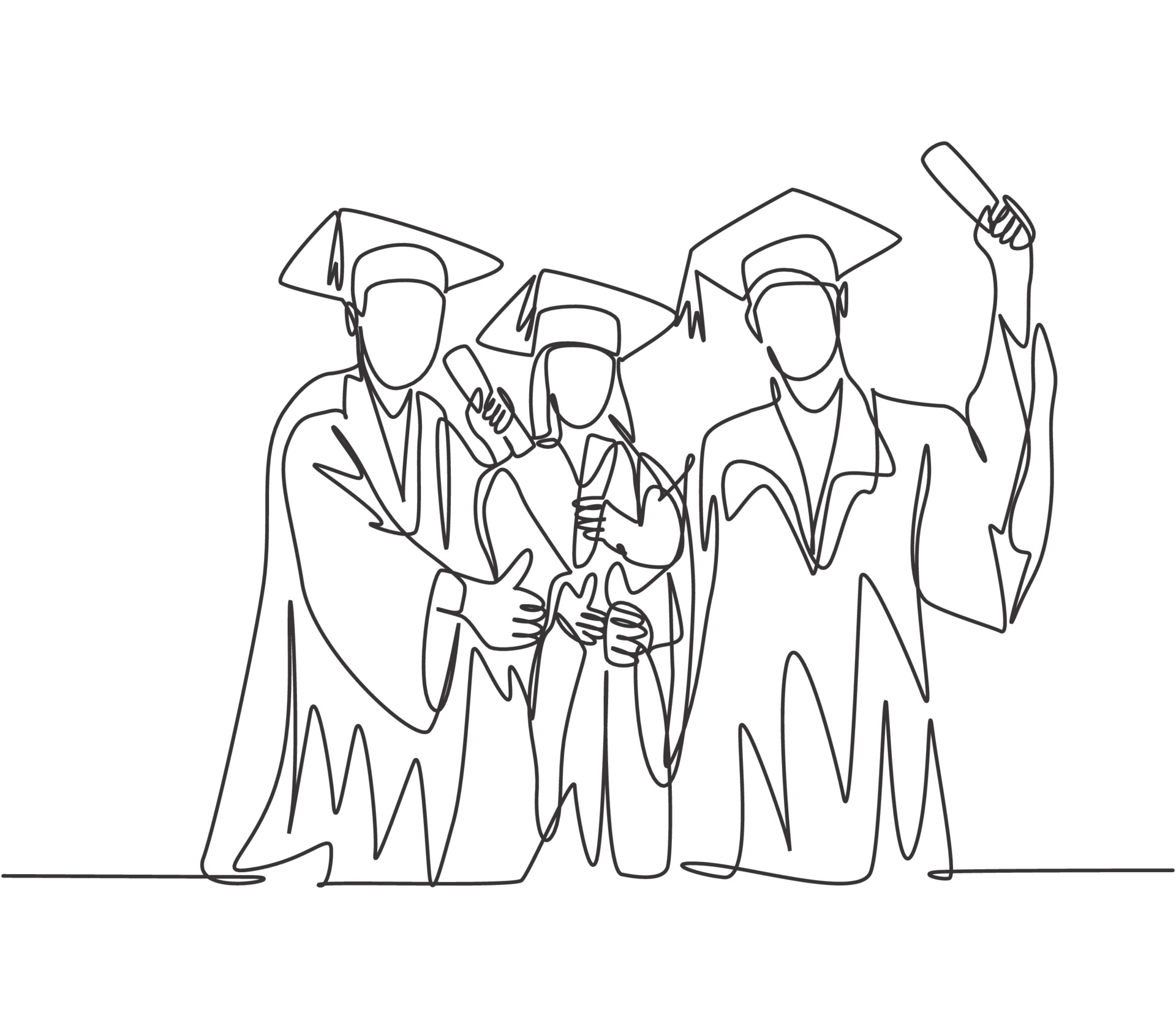 One line drawing group of young happy graduate male and female college