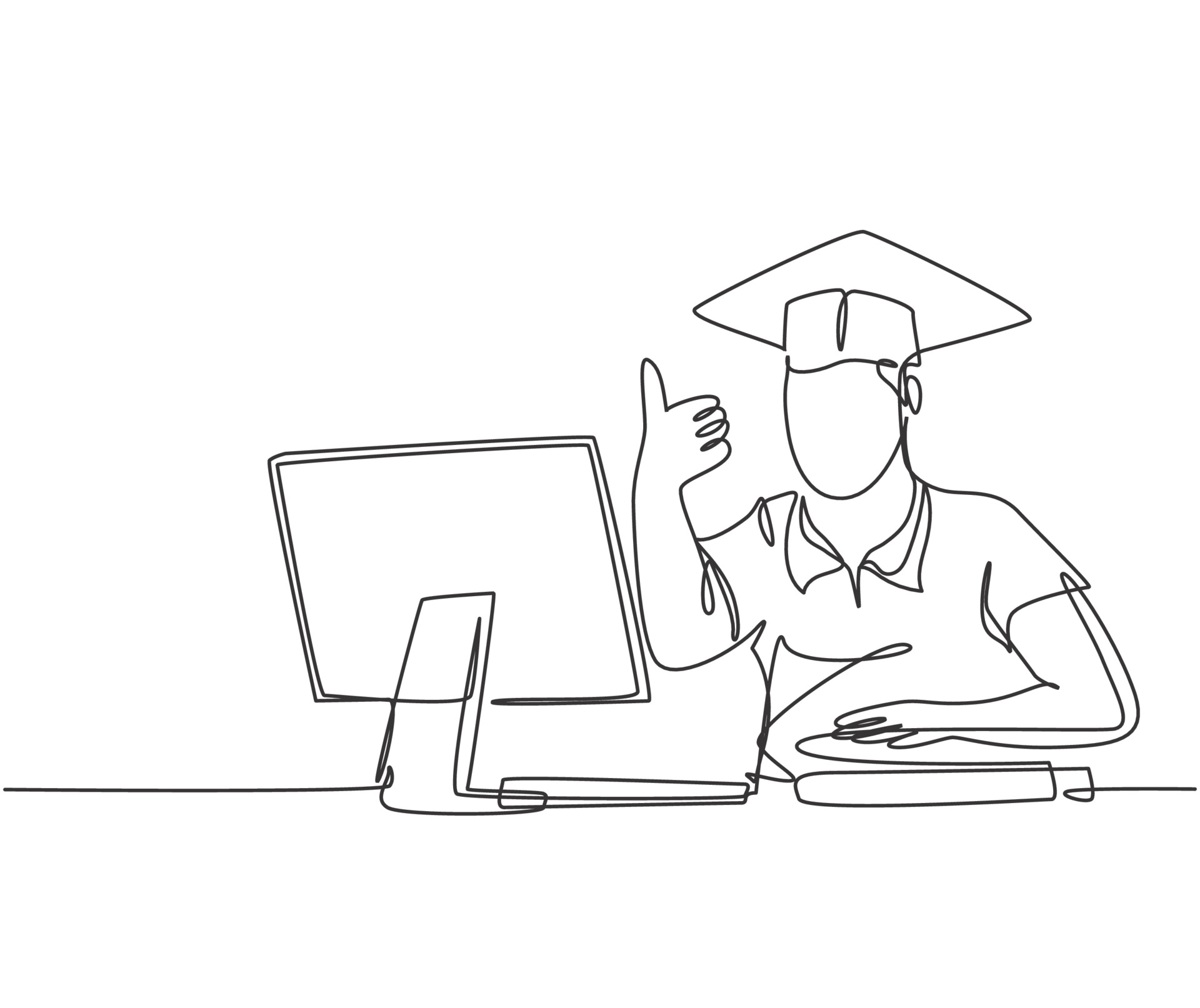 un dibujo de línea de un joven estudiante universitario masculino feliz
