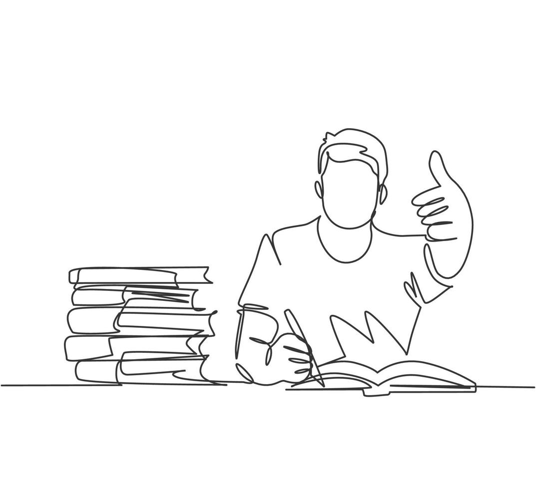 One line drawing of young happy male college student studying and reading stack of books in library while gives thumbs up gesture. Education continuous line draw graphic design vector illustration