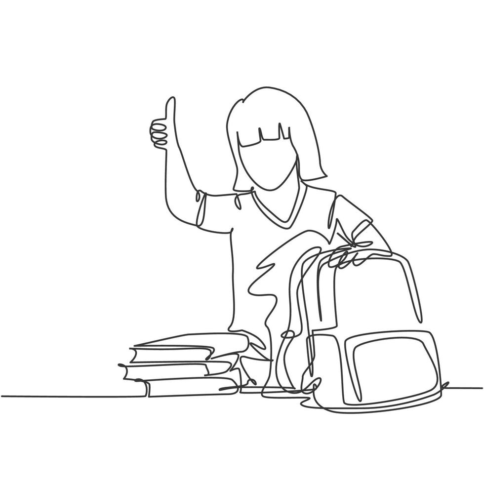 un dibujo lineal de una joven estudiante de escuela primaria feliz empacando una pila de libros para ponerlos en la bolsa. concepto de educación línea continua dibujar diseño gráfico ilustración vectorial vector