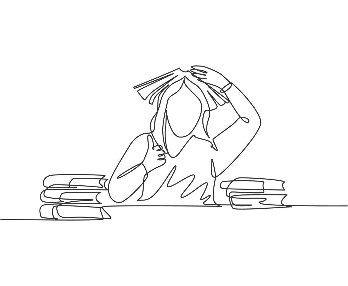 One line drawing of young bored female student read stack of books in library and put the book on her head and gives thumb up gesture. Education concept continuous line draw design vector illustration