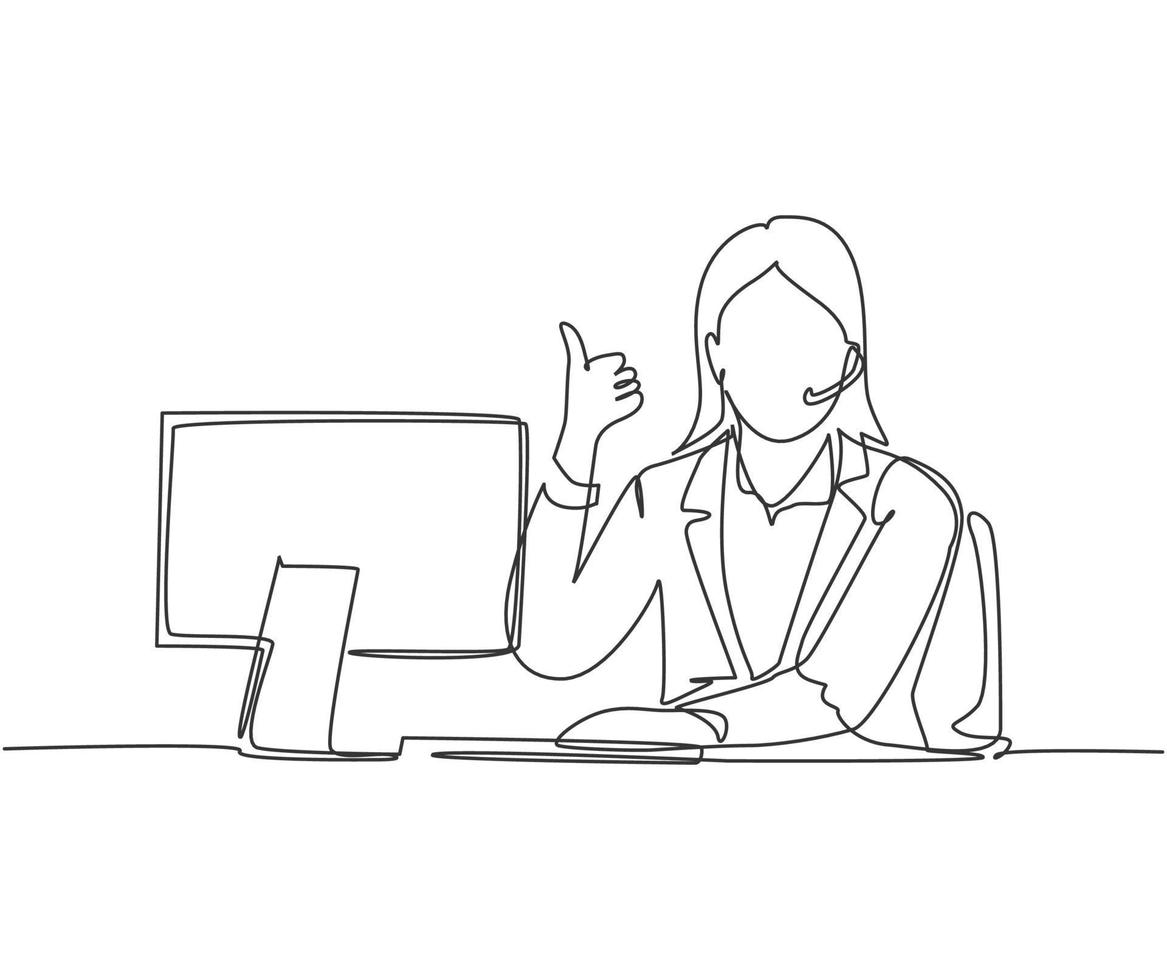 Single line drawing of young female call center worker sitting in front of computer and answering phone from customer. Customer service business concept continuous line draw design vector illustration